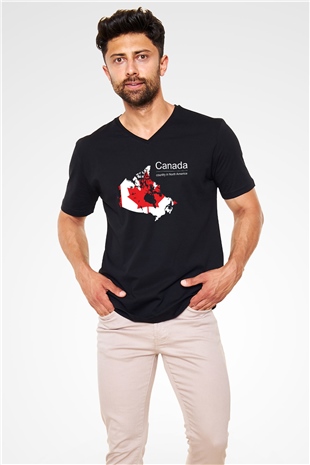 Kanada Siyah Unisex V Yaka Tişört T-Shirt