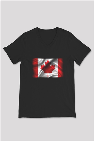 Kanada Siyah Unisex V Yaka Tişört T-Shirt