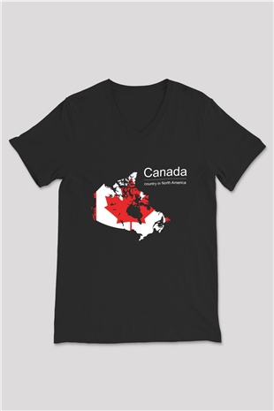 Kanada Siyah Unisex V Yaka Tişört T-Shirt