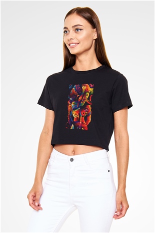 Kanaviçe Siyah  Crop Top Tişört