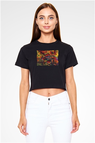 Kanaviçe Siyah  Crop Top Tişört