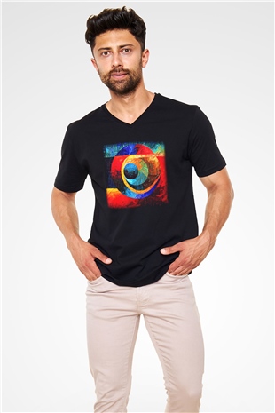 Kanaviçe Siyah Unisex V Yaka Tişört T-Shirt