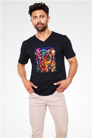 Kanaviçe Siyah Unisex V Yaka Tişört T-Shirt