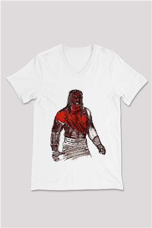 Kane Baskılı Beyaz Unisex V Yaka Tişört - Tshirt