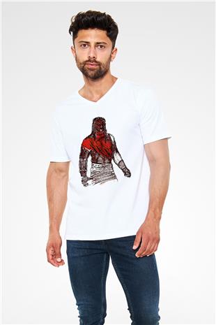Kane Baskılı Beyaz Unisex V Yaka Tişört - Tshirt