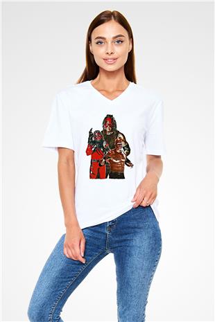 Kane Baskılı Beyaz Unisex V Yaka Tişört - Tshirt