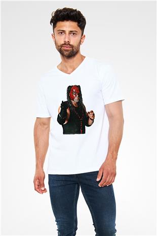 Kane Baskılı Beyaz Unisex V Yaka Tişört - Tshirt