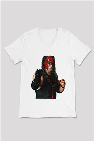 Kane Baskılı Beyaz Unisex V Yaka Tişört - Tshirt