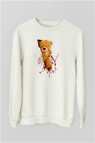 Kanlı Teddy Temalı Baskılı Unisex Beyaz  Sweatshirt