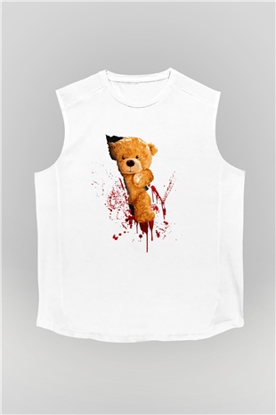 Kanlı Teddy Temalı Baskılı Unisex Beyaz  Kolsuz Tişört