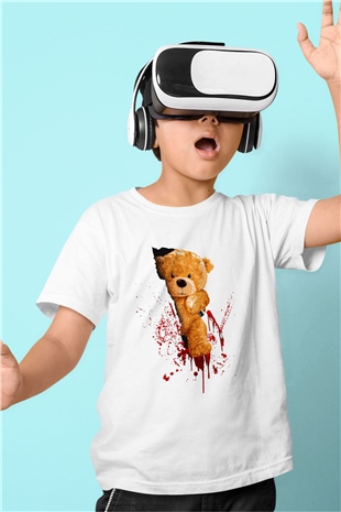 Kanlı Teddy Temalı Baskılı Unisex Beyaz  Çocuk Tişört