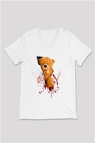 Kanlı Teddy Temalı Baskılı Unisex Beyaz  V Yaka Tişört