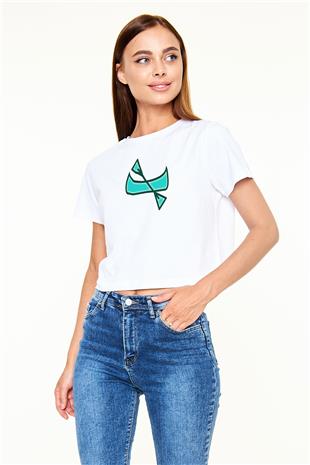 Kano Baskılı Crop Top Beyaz Tişört - T-shirt