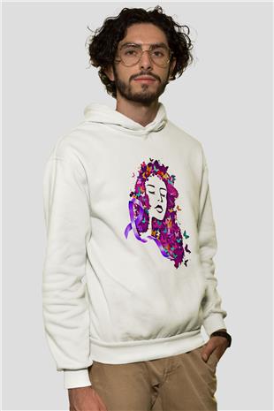 Kanser Günü Baskılı Beyaz Unisex Kapüşonlu Sweatshirt
