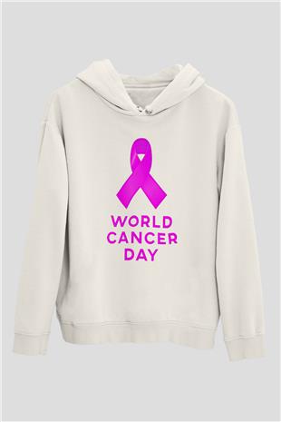 Kanser Günü Baskılı Beyaz Unisex Kapüşonlu Sweatshirt