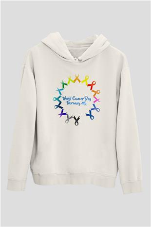 Kanser Günü Baskılı Beyaz Unisex Kapüşonlu Sweatshirt