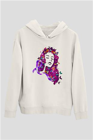 Kanser Günü Baskılı Beyaz Unisex Kapüşonlu Sweatshirt