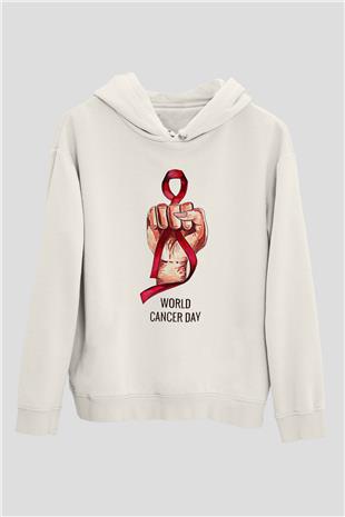Kanser Günü Baskılı Beyaz Unisex Kapüşonlu Sweatshirt