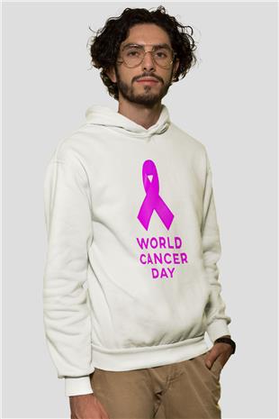 Kanser Günü Baskılı Beyaz Unisex Kapüşonlu Sweatshirt