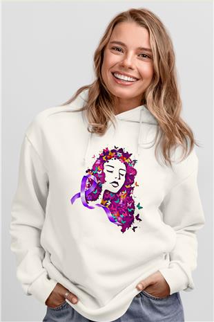Kanser Günü Baskılı Beyaz Unisex Kapüşonlu Sweatshirt