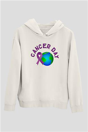 Kanser Günü Baskılı Beyaz Unisex Kapüşonlu Sweatshirt