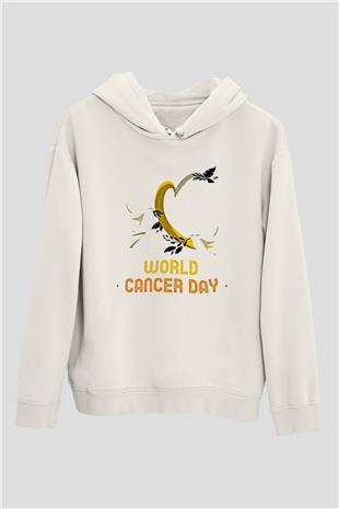 Kanser Günü Baskılı Beyaz Unisex Kapüşonlu Sweatshirt