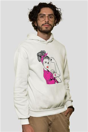Kanser Günü Baskılı Beyaz Unisex Kapüşonlu Sweatshirt