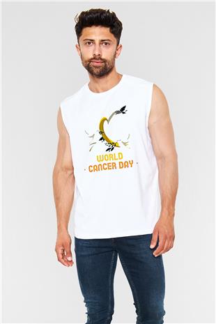Kanser Günü Baskılı Beyaz Unisex Kolsuz Tişört - Tshirt