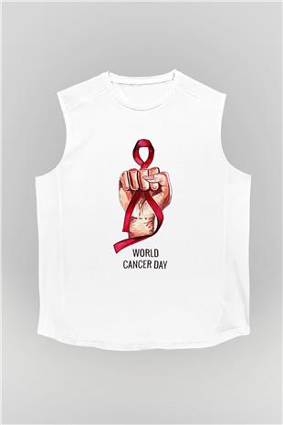 Kanser Günü Baskılı Beyaz Unisex Kolsuz Tişört - Tshirt