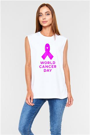 Kanser Günü Baskılı Beyaz Unisex Kolsuz Tişört - Tshirt