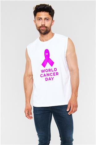 Kanser Günü Baskılı Beyaz Unisex Kolsuz Tişört - Tshirt