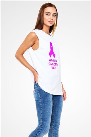Kanser Günü Baskılı Beyaz Unisex Kolsuz Tişört - Tshirt