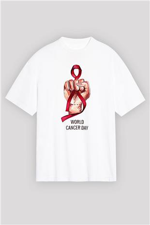 Kanser Günü Baskılı Beyaz Unisex Oversize Tişört - Tshirt