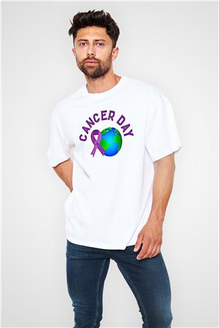 Kanser Günü Baskılı Beyaz Unisex Oversize Tişört - Tshirt
