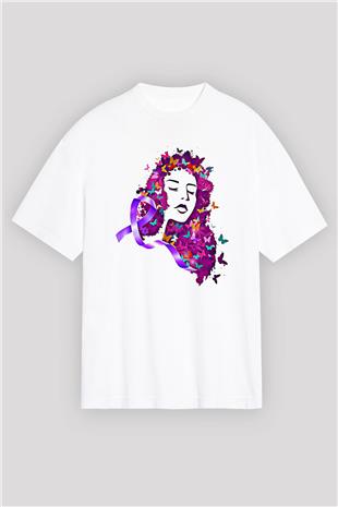 Kanser Günü Baskılı Beyaz Unisex Oversize Tişört - Tshirt