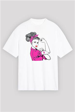 Kanser Günü Baskılı Beyaz Unisex Oversize Tişört - Tshirt
