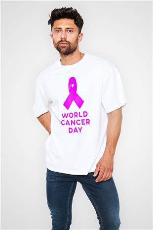 Kanser Günü Baskılı Beyaz Unisex Oversize Tişört - Tshirt