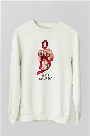 Kanser Günü Baskılı Beyaz Unisex Sweatshirt
