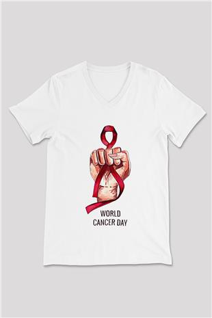 Kanser Günü Baskılı Beyaz Unisex V Yaka Tişört - Tshirt