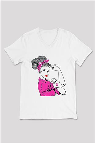 Kanser Günü Baskılı Beyaz Unisex V Yaka Tişört - Tshirt