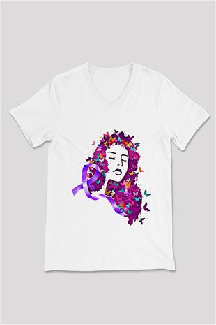 Kanser Günü Baskılı Beyaz Unisex V Yaka Tişört - Tshirt