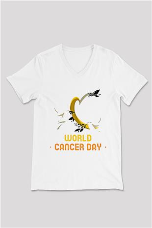 Kanser Günü Baskılı Beyaz Unisex V Yaka Tişört - Tshirt