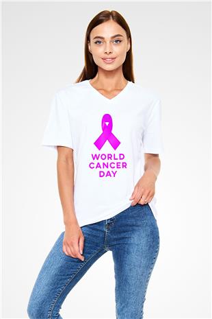 Kanser Günü Baskılı Beyaz Unisex V Yaka Tişört - Tshirt