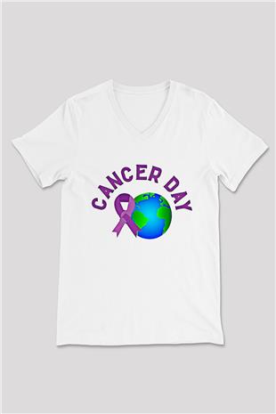 Kanser Günü Baskılı Beyaz Unisex V Yaka Tişört - Tshirt