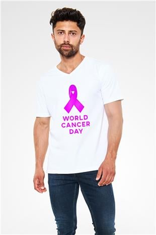 Kanser Günü Baskılı Beyaz Unisex V Yaka Tişört - Tshirt