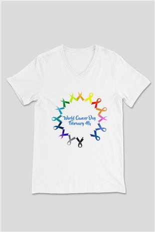 Kanser Günü Baskılı Beyaz Unisex V Yaka Tişört - Tshirt