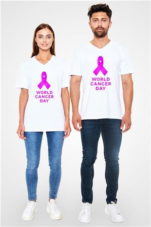 Kanser Günü Baskılı Beyaz Unisex V Yaka Tişört - Tshirt