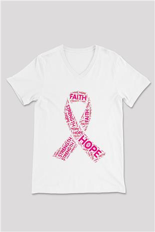 Kanser Günü Baskılı Beyaz Unisex V Yaka Tişört - Tshirt