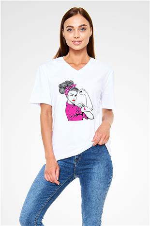 Kanser Günü Baskılı Beyaz Unisex V Yaka Tişört - Tshirt