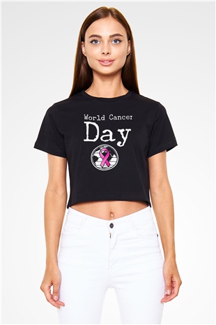 Kanser Günü Baskılı Siyah Crop Top Kadın Tişört - Tshirt